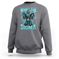 Dark heather gray sweatshirt with teal wolf “WHAT THE” “SIGMA” graphic on front