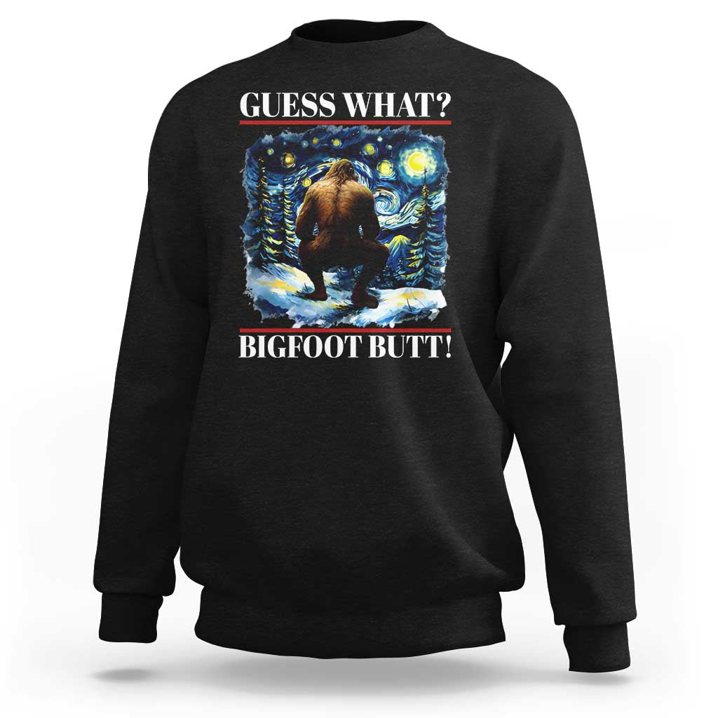 Black Bigfoot butt sweatshirt with front graphic, crew neck, and ribbed cuffs