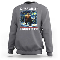 Dark heather Bigfoot butt sweatshirt with front graphic, crew neck, and ribbed cuffs