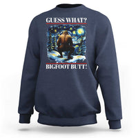 Navy Bigfoot butt sweatshirt with front graphic, crew neck, and ribbed cuffs