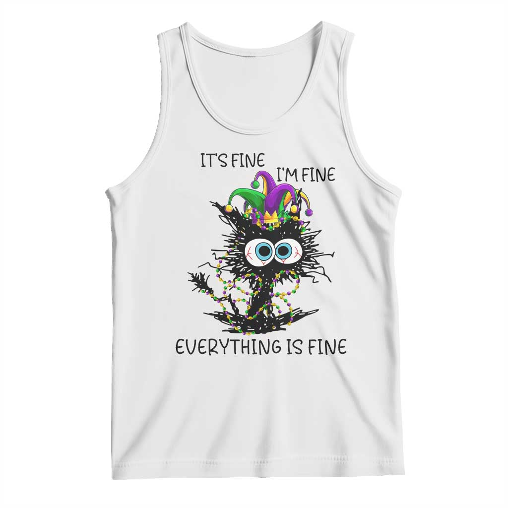 Funny Mardi Gras Cat Tank Top It's Fine I'm Fine Everything Is Fine Jester Hat Beads