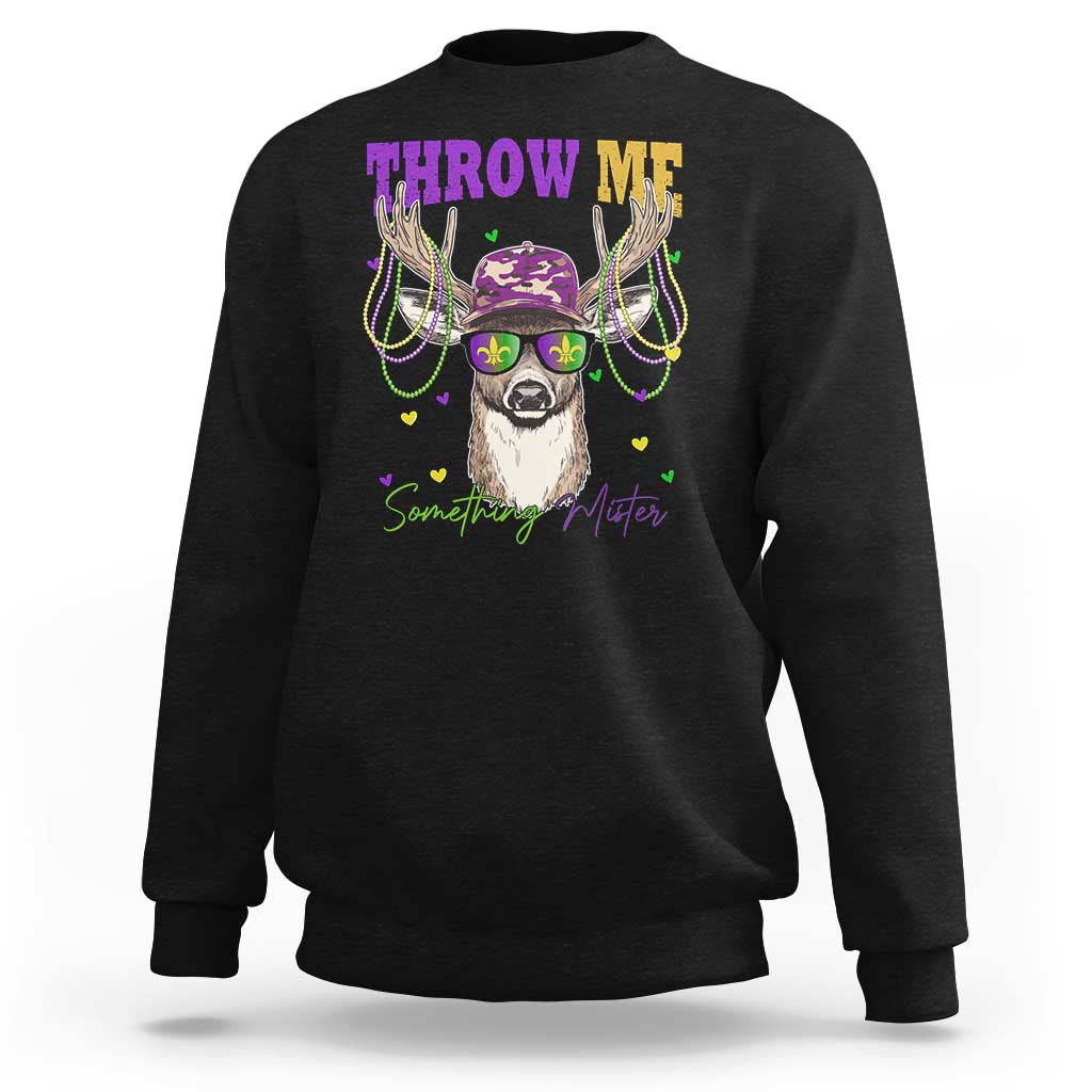 Funny Mardi Gras Mississippi Deer Sweatshirt Throw Me Something Mister Beads