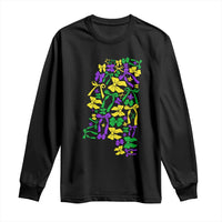 Black long-sleeve T-shirt with colorful Mardi Gras map graphic on front