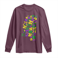 Maroon long-sleeve T-shirt with colorful Mardi Gras map graphic on front
