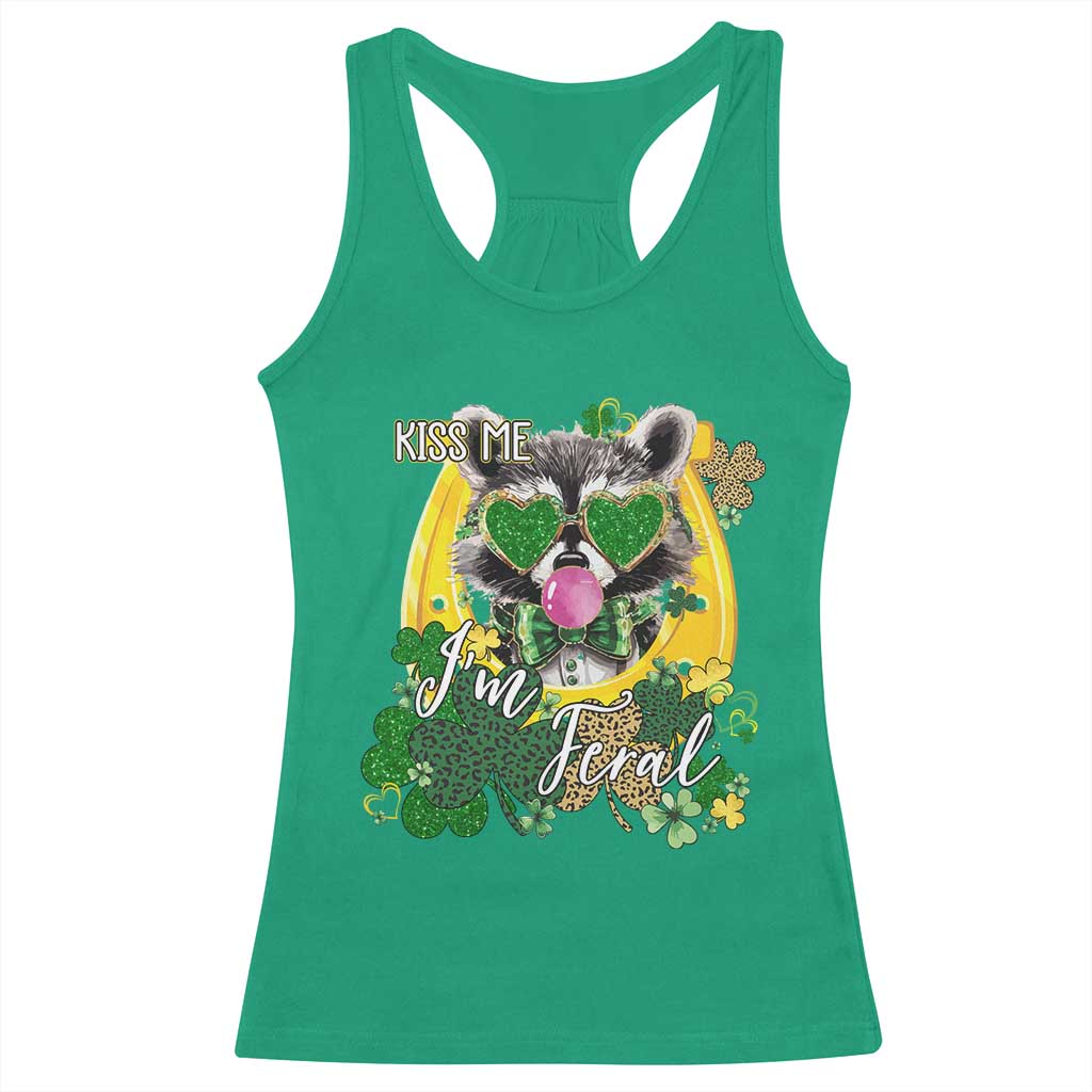 Funny St Patrick's Day Racoon Racerback Tank Top Kiss Me I'm Feral Horseshoe Shamrock