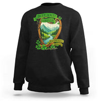 Black crewneck sweatshirt with 'IRELAND FOREVER' scenic landscape and clover print.