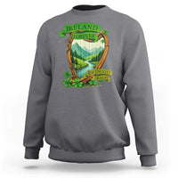 Charcoal gray crewneck sweatshirt with 'IRELAND FOREVER' scenic landscape and clover print.
