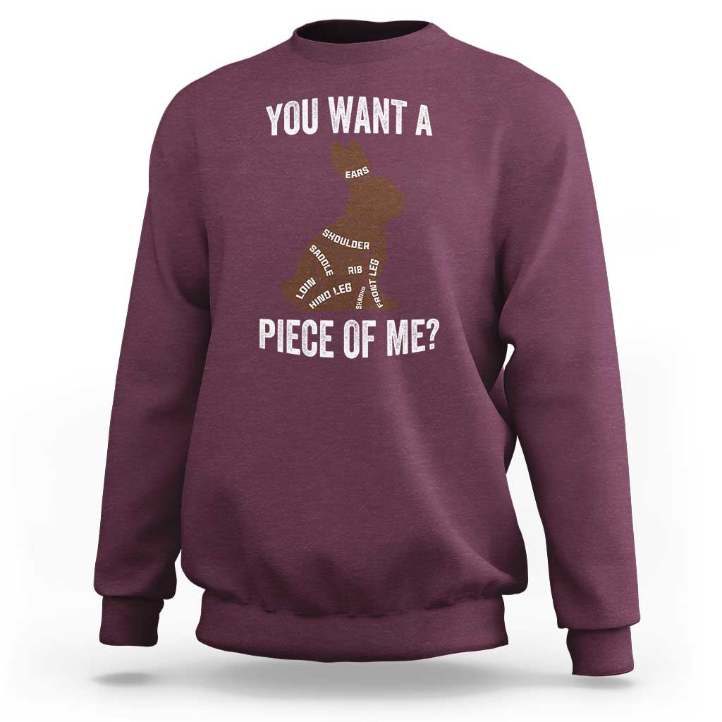 Maroon sweatshirt with large back print of a bunny and “PIECE OF ME?”