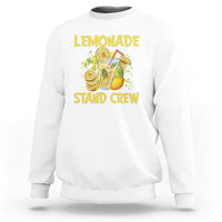 White crewneck sweatshirt with 'Lemonade Stand Crew' graphic on chest