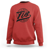 Red crewneck sweatshirt with 'Tio' graphic print on chest, long sleeves