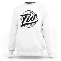 White crewneck sweatshirt with 'Tio' graphic print on chest, long sleeves