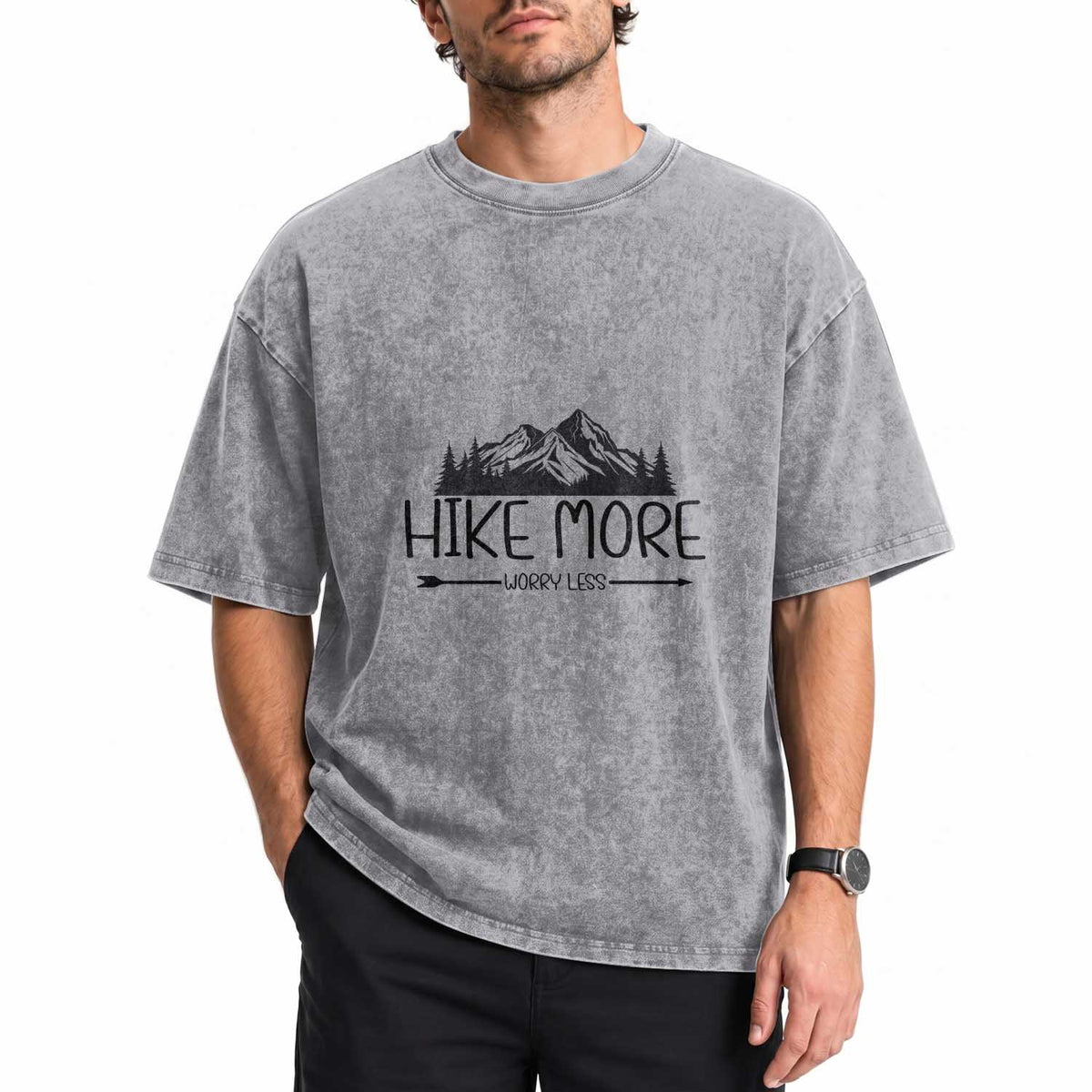Hike More Worry Less Hiker Mountain Washed Cotton T-Shirt Hiking Camping Hiker Mountain