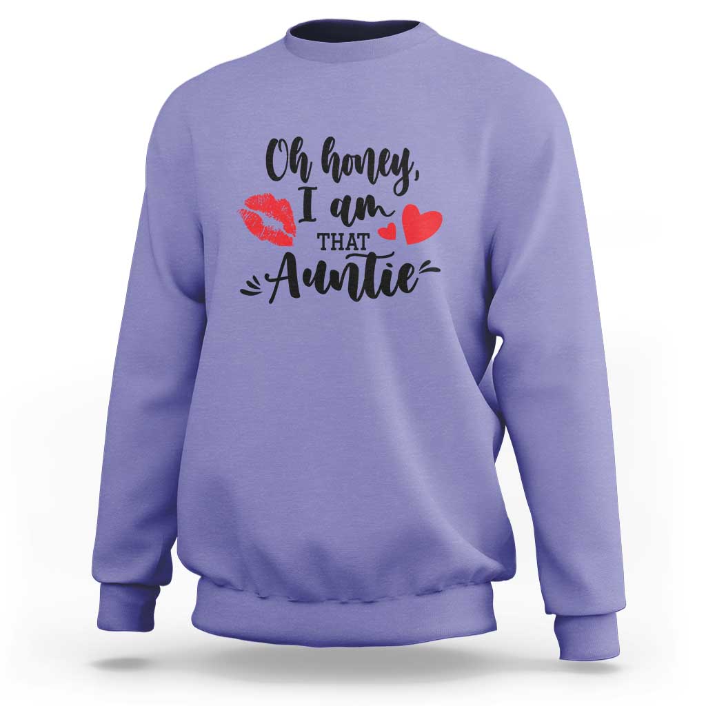 Violet aunt sweatshirt with lips, heart and "Oh honey I am that auntie" front graphic