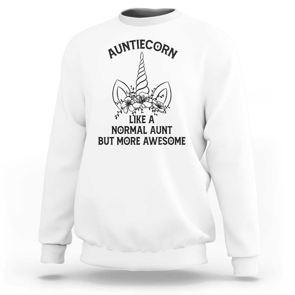 White sweatshirt with unicorn graphic and quote text, crew neck