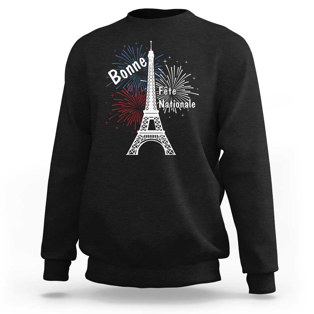 Black sweatshirt with Eiffel Tower graphic, fireworks, and Bonne Fete Nationale text