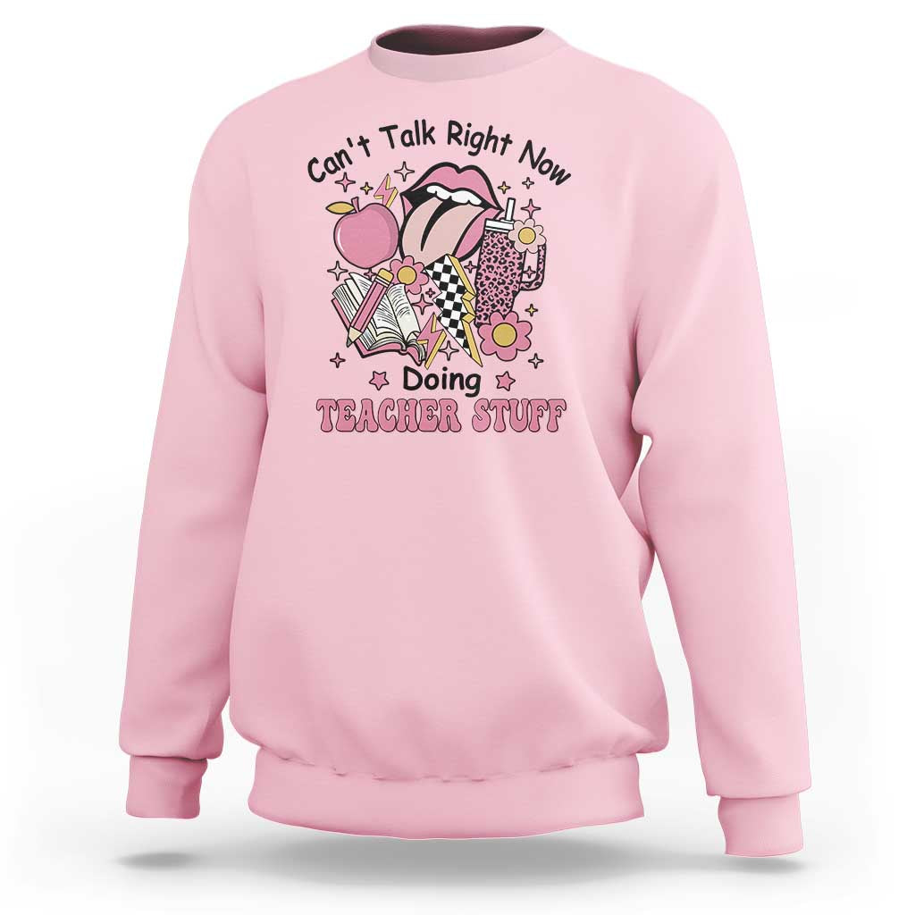 Light pink teachers sweatshirt with colorful cartoon graphic and text "Doing TEACHER STUFF"