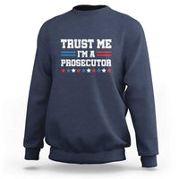 Navy crewneck sweatshirt with 'Trust Me I'm a Prosecutor' star-and-flag graphic