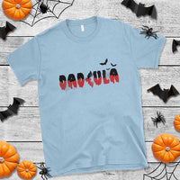 Light blue crew-neck Halloween T-shirt with vampire bat graphic and red drips