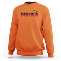 Orange Halloween crewneck sweatshirt with vampire bat graphic on chest