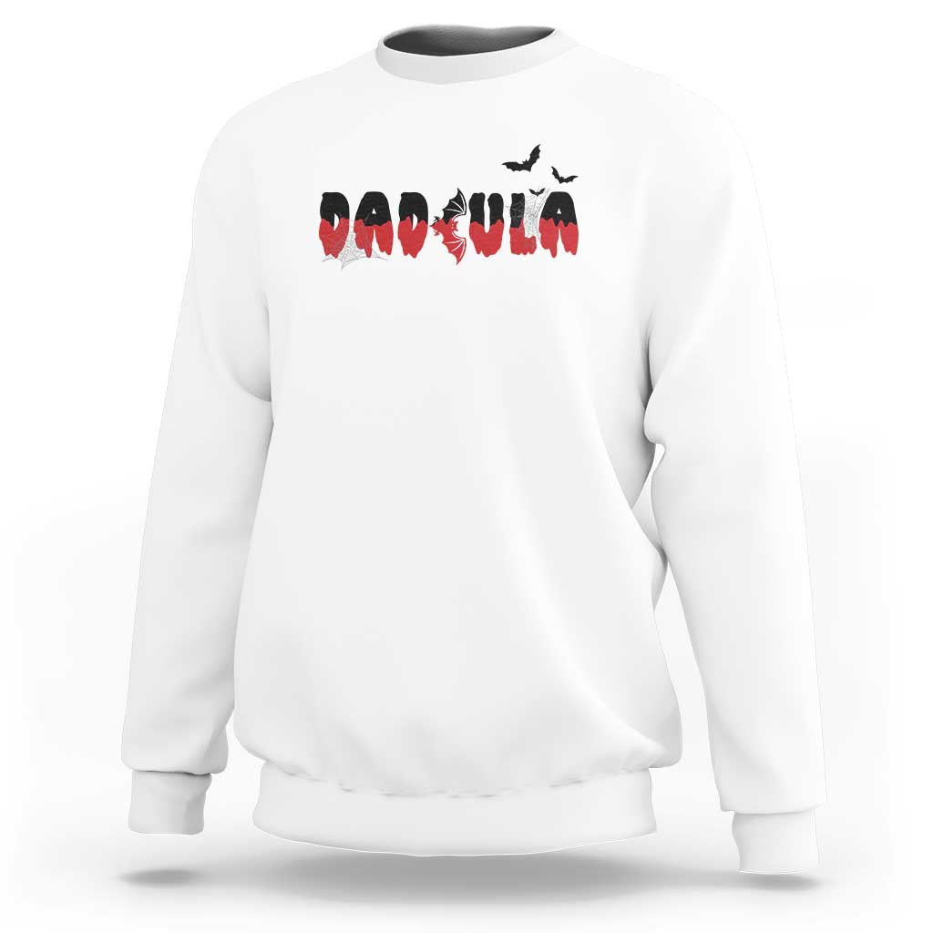 White Halloween crewneck sweatshirt with vampire bat graphic on chest