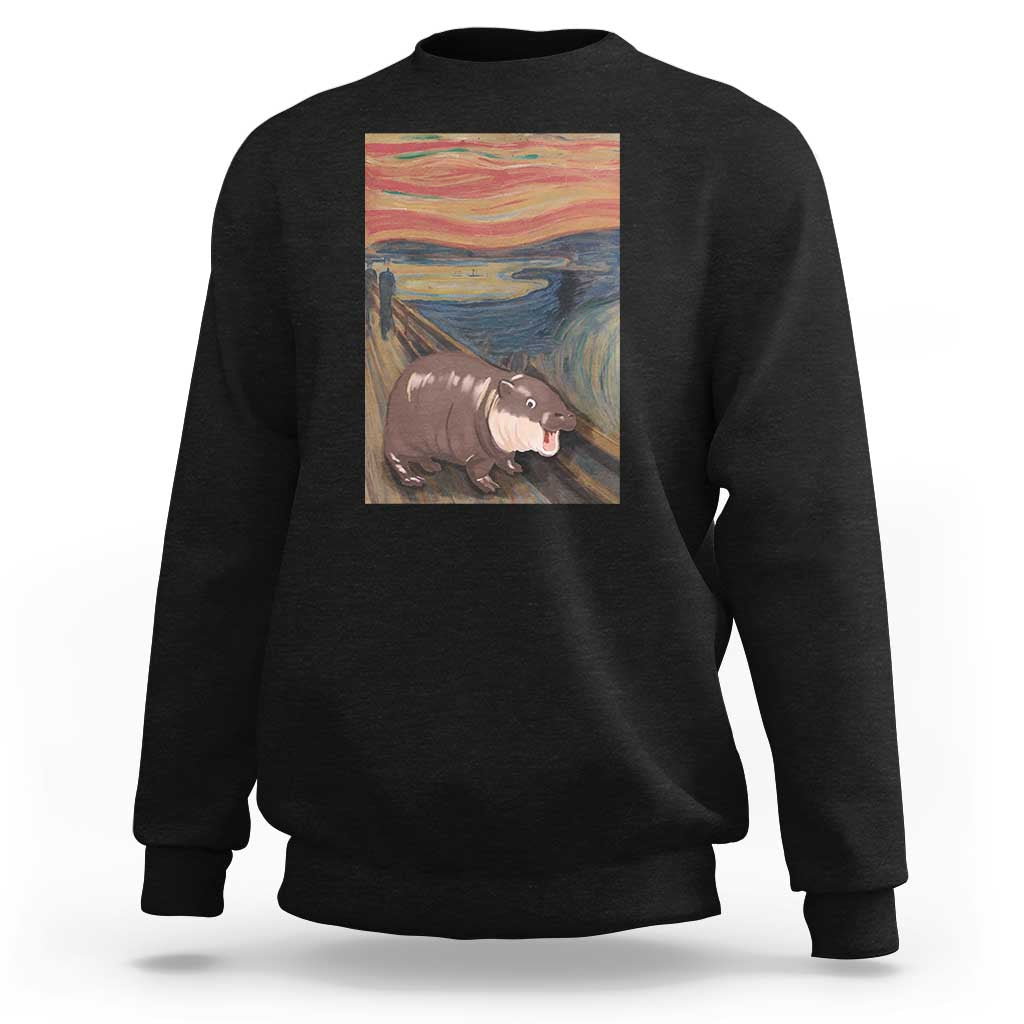 Black crewneck sweatshirt with front square animal art graphic, long sleeves