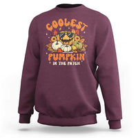 Maroon Halloween sweatshirt with “Coolest Pumpkin in the Patch” graphic