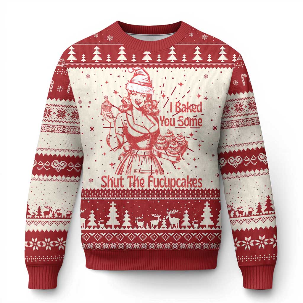 Red and cream Christmas sweater with Santa graphic and festive text