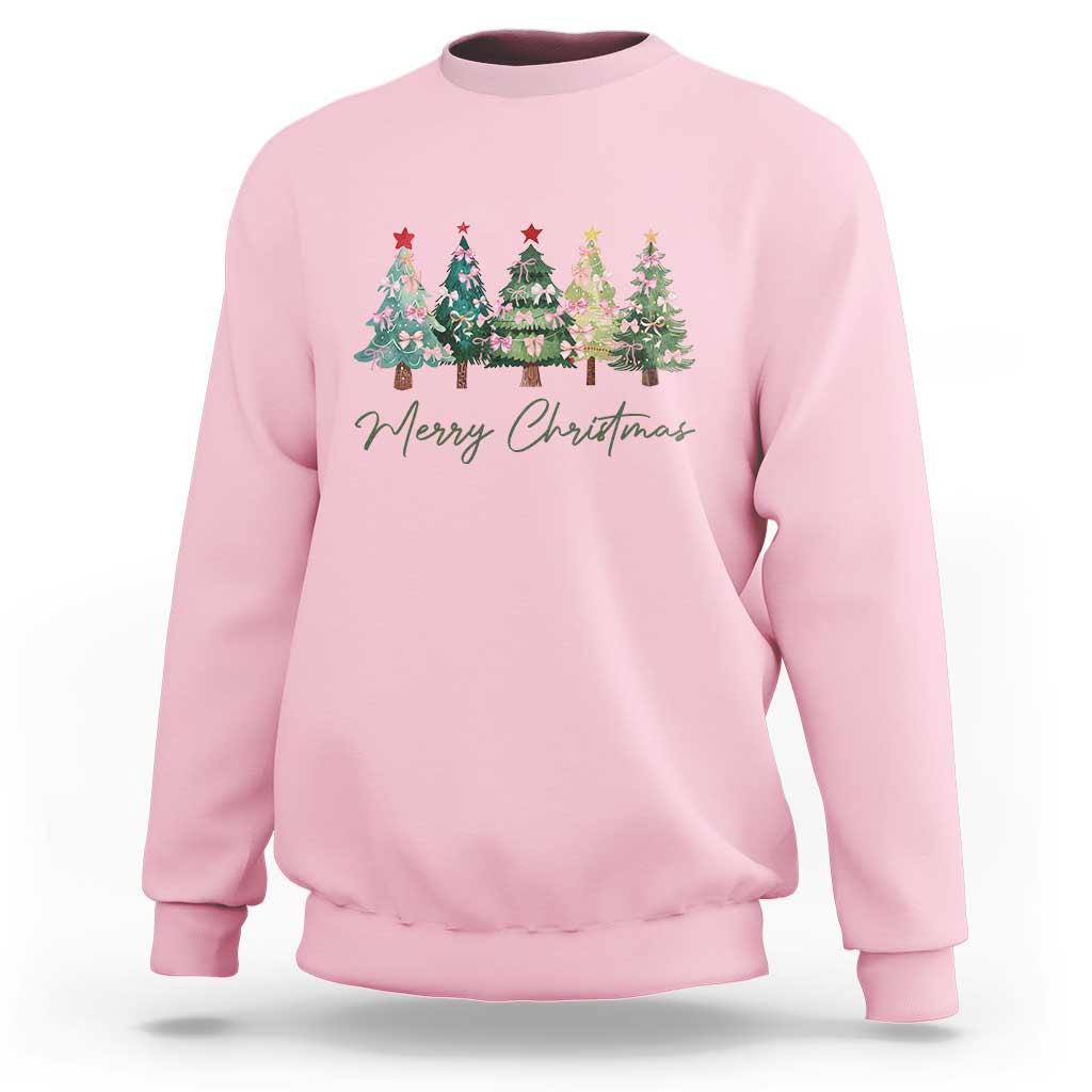 Light pink crewneck sweatshirt with colorful Christmas tree graphic and “Merry Christmas” text