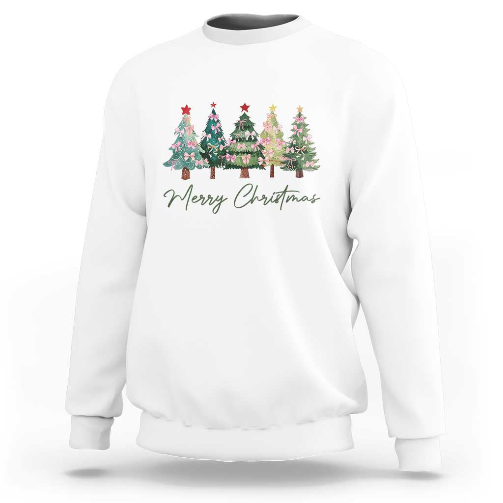 White crewneck sweatshirt with colorful Christmas tree graphic and “Merry Christmas” text