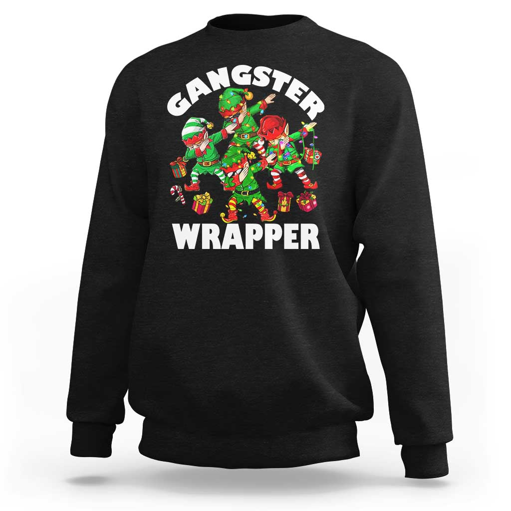 Black crewneck sweatshirt with colorful 'Gangster Wrapper' elf graphic