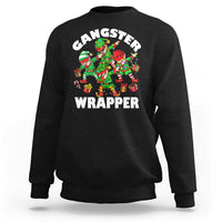 Black crewneck sweatshirt with colorful 'Gangster Wrapper' elf graphic