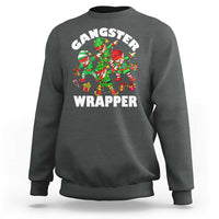 Dark heather crewneck sweatshirt with colorful 'Gangster Wrapper' elf graphic