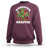 Maroon crewneck sweatshirt with colorful 'Gangster Wrapper' elf graphic