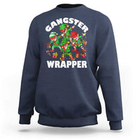 Navy crewneck sweatshirt with colorful 'Gangster Wrapper' elf graphic