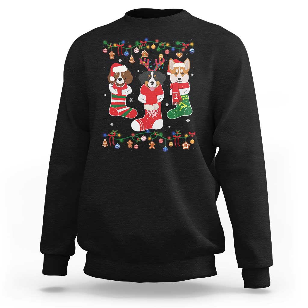 Black Christmas sweatshirt with colorful dog owner graphic on front, crew neck
