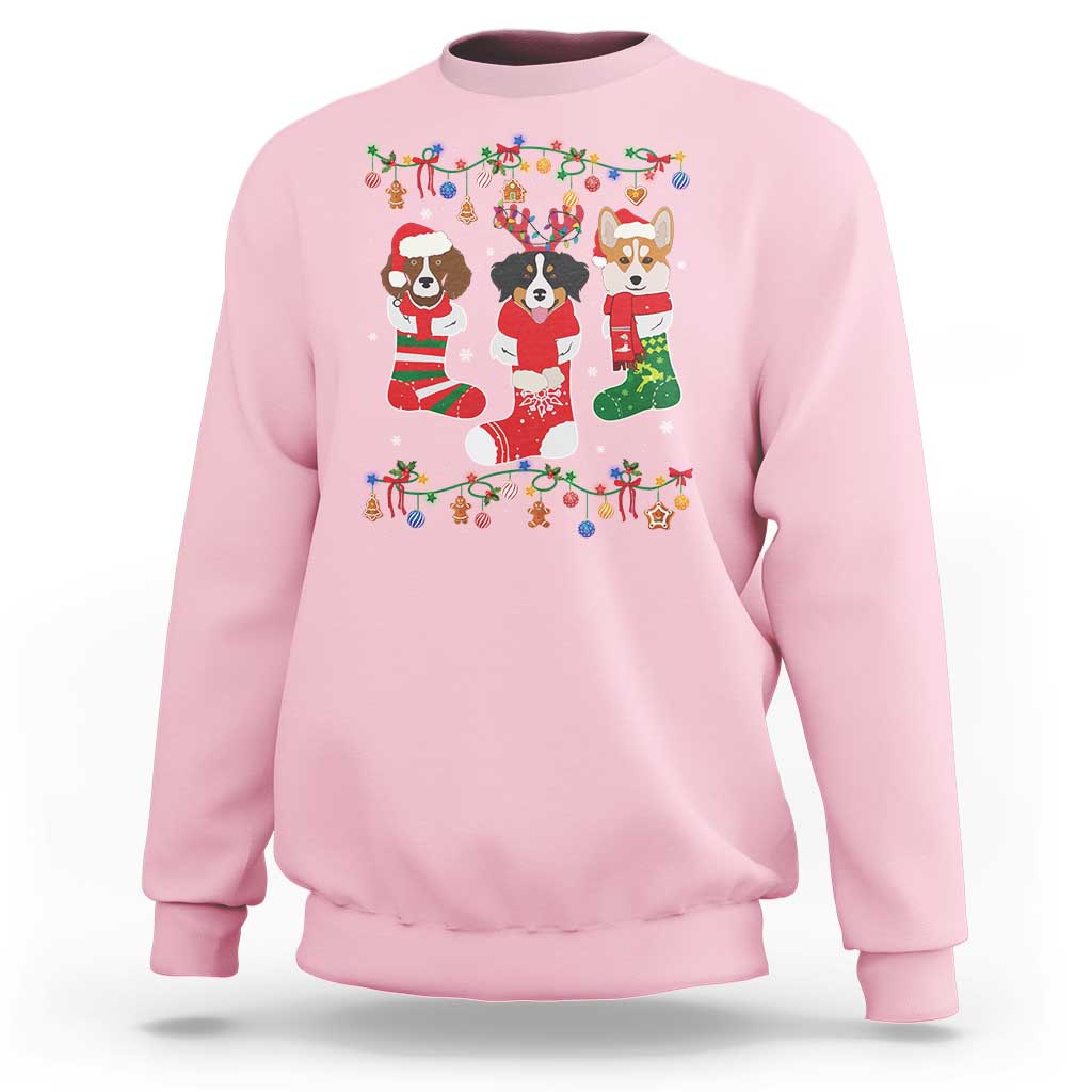 Light pink Christmas sweatshirt with colorful dog owner graphic on front, crew neck