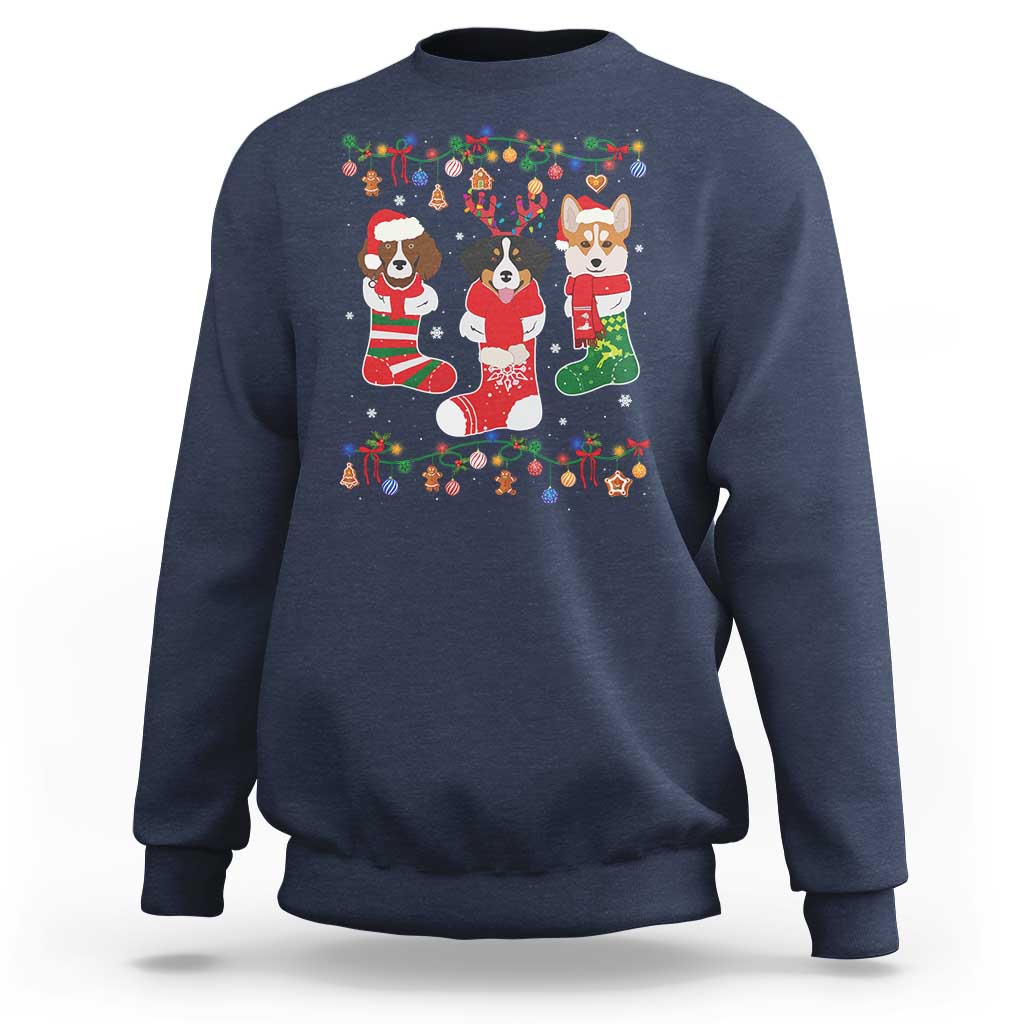 Navy Christmas sweatshirt with colorful dog owner graphic on front, crew neck