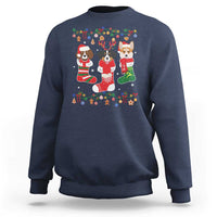 Navy Christmas sweatshirt with colorful dog owner graphic on front, crew neck