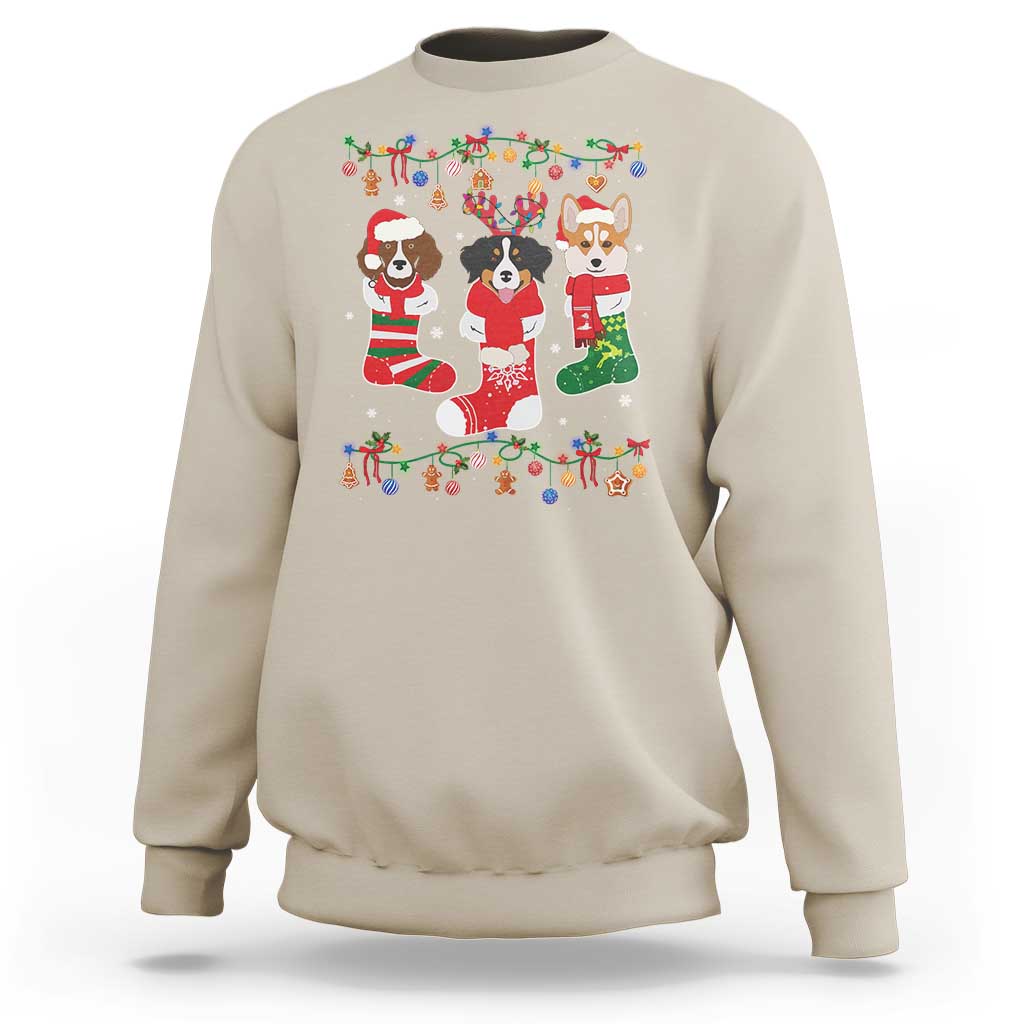 Sand beige Christmas sweatshirt with colorful dog owner graphic on front, crew neck