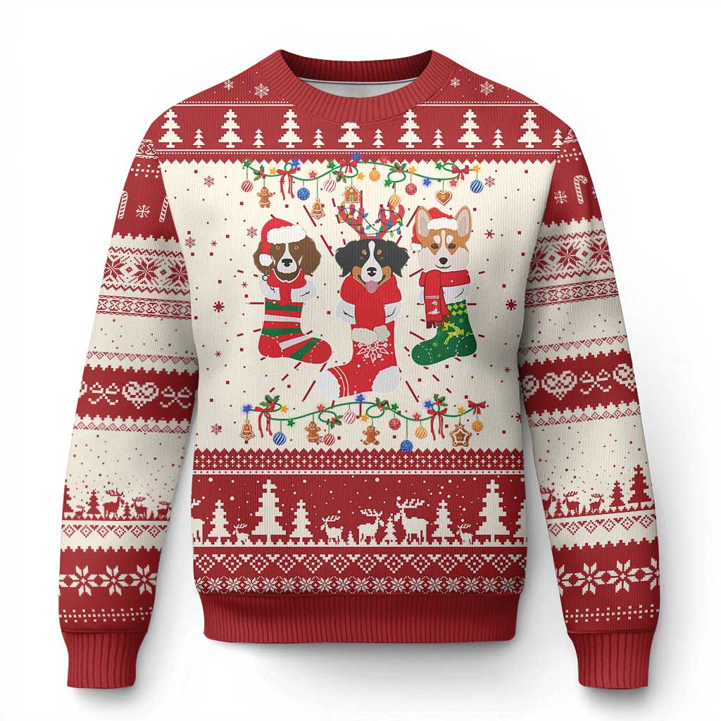 Red and white Christmas dog ugly sweater, crewneck with festive border pattern