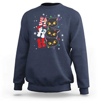 Navy Christmas sweatshirt with triple black cat holiday graphic, crewneck
