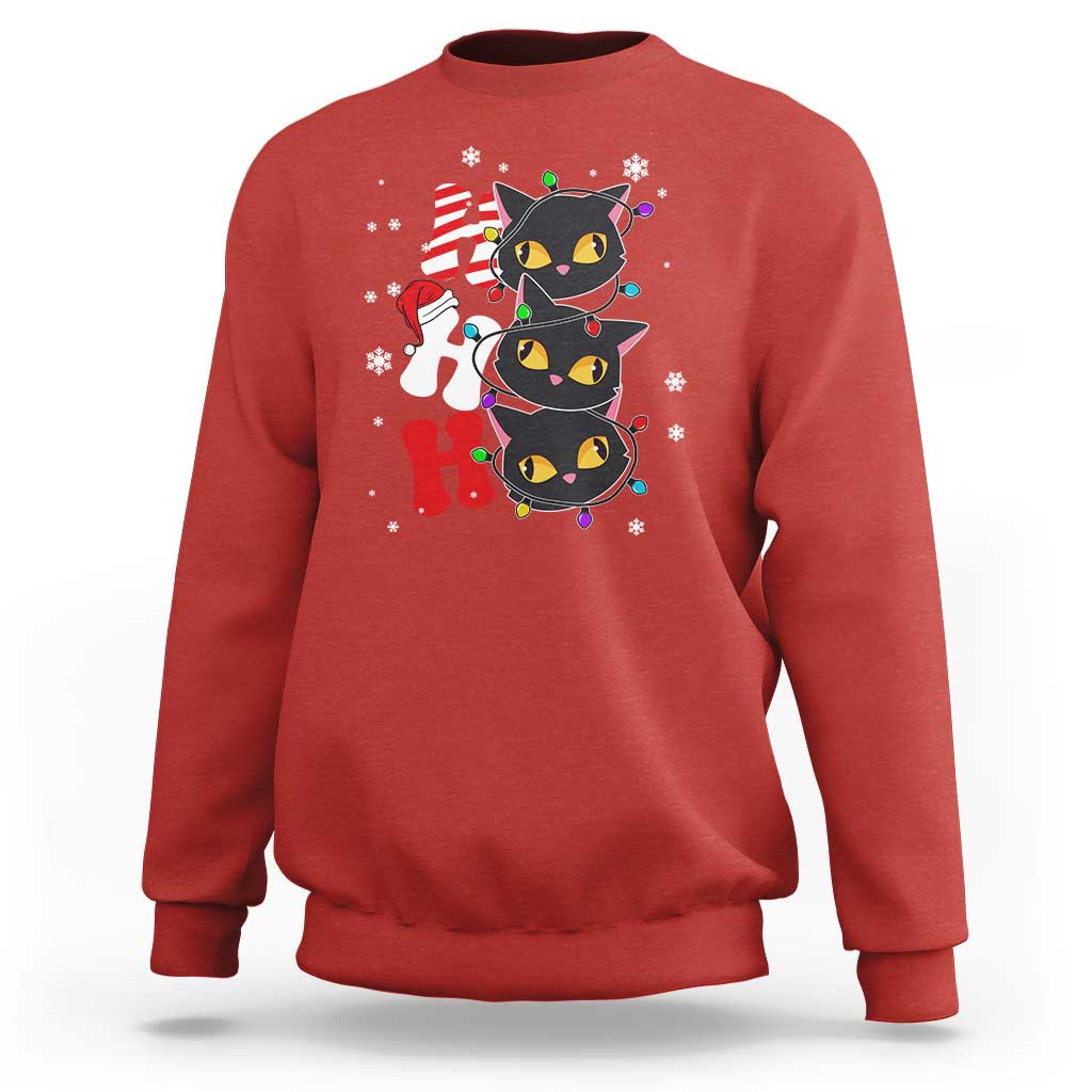 Red Christmas sweatshirt with triple black cat holiday graphic, crewneck