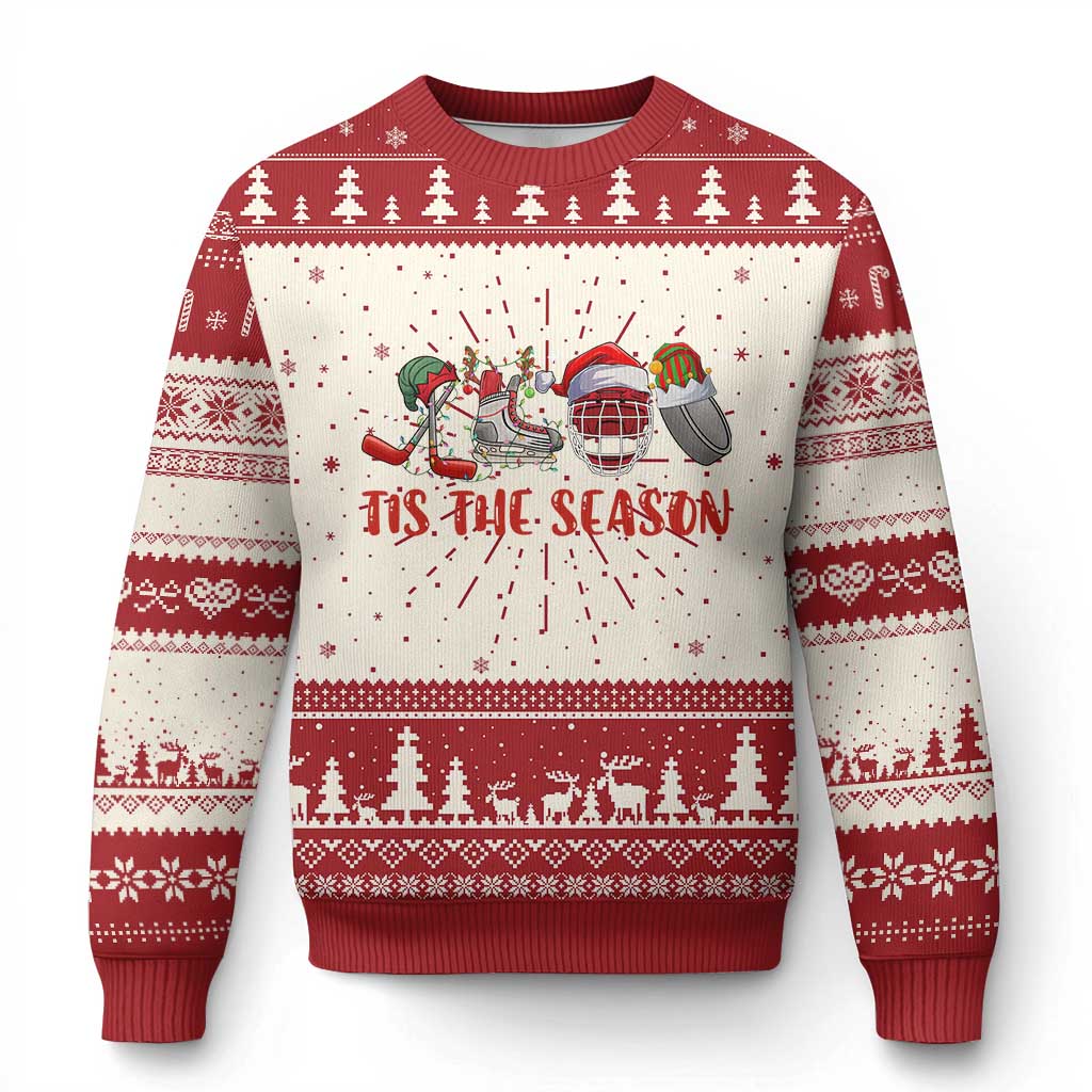 Ugly Christmas sweater in red and white with trees and 'TIS THE SEASON' graphic
