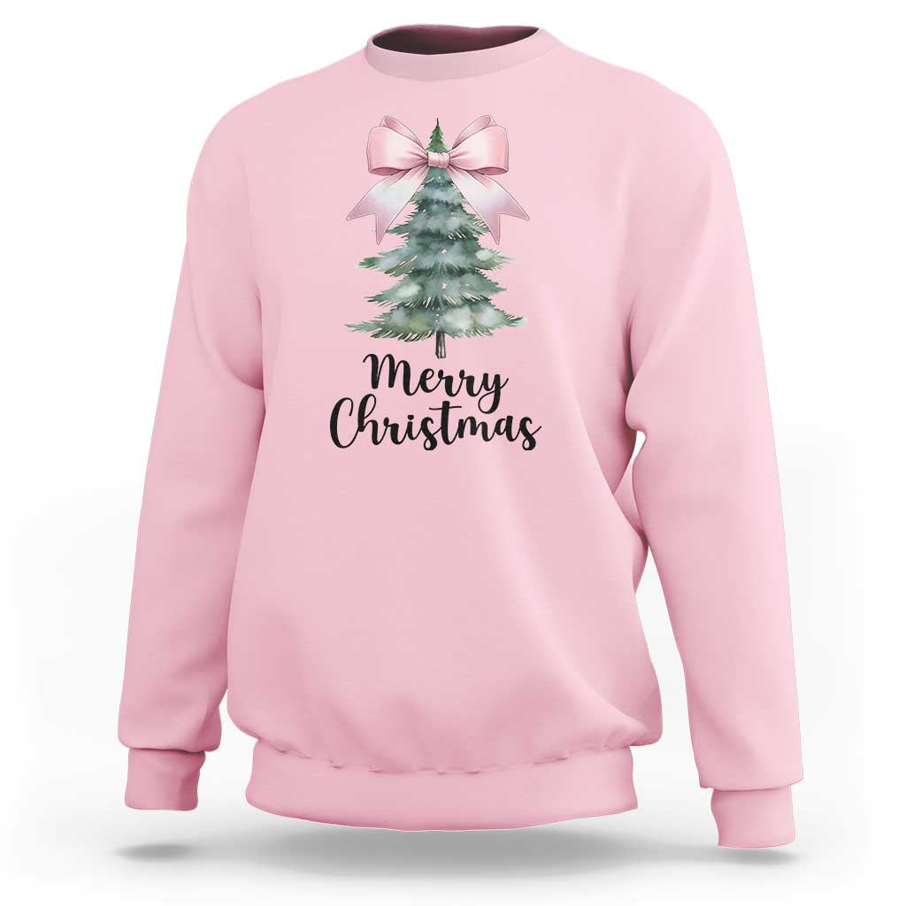 Light pink crewneck sweatshirt with pink bow, Christmas tree graphic and “Merry Christmas”