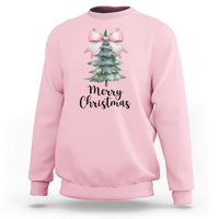 Light pink crewneck sweatshirt with pink bow, Christmas tree graphic and “Merry Christmas”