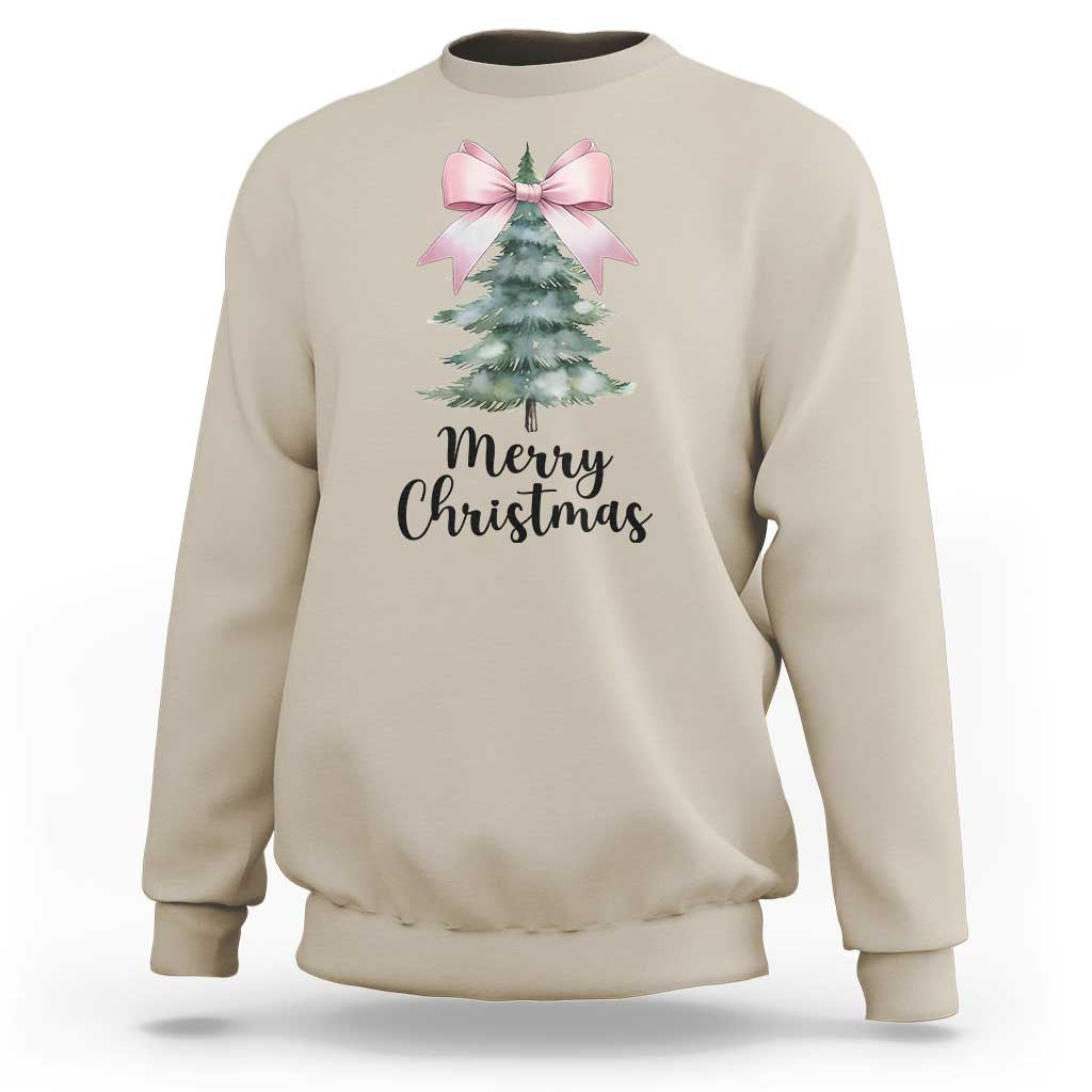 Sand crewneck sweatshirt with pink bow, Christmas tree graphic and “Merry Christmas”