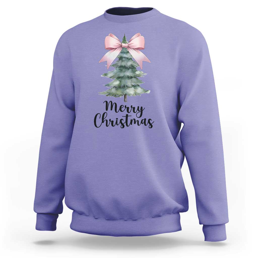 Violet crewneck sweatshirt with pink bow, Christmas tree graphic and “Merry Christmas”