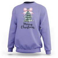 Violet crewneck sweatshirt with pink bow, Christmas tree graphic and “Merry Christmas”