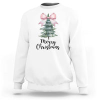 White crewneck sweatshirt with pink bow, Christmas tree graphic and “Merry Christmas”