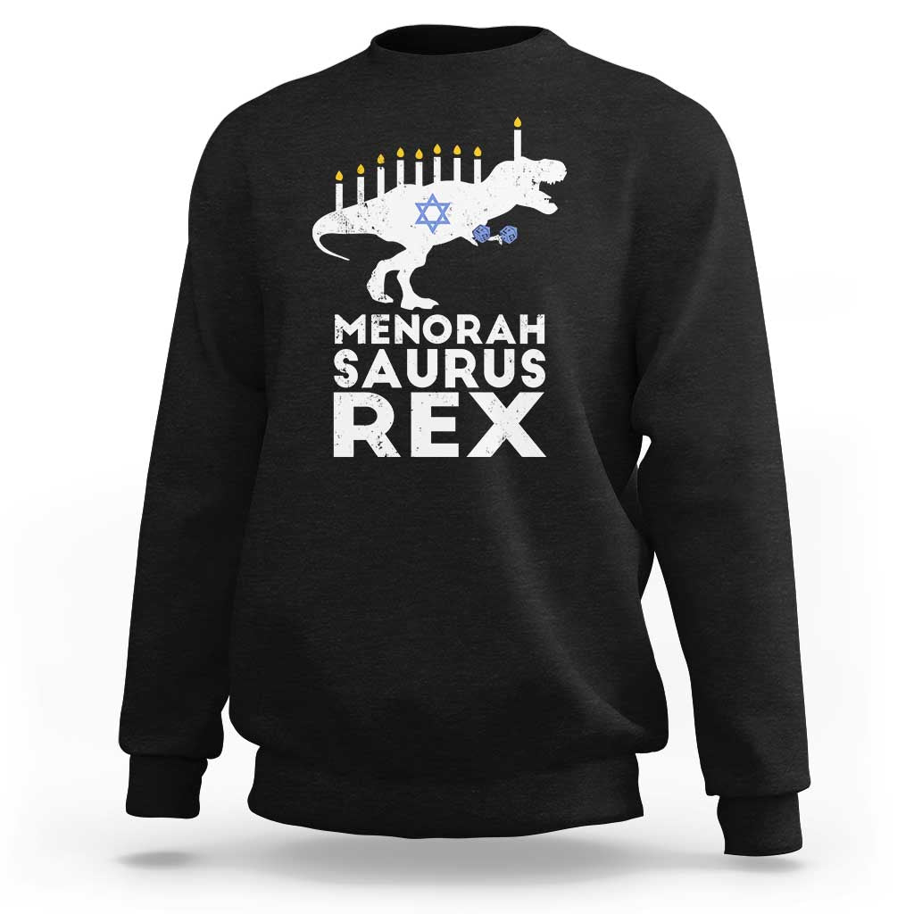 Men's black crewneck sweatshirt with Menorah Saurus Rex graphic